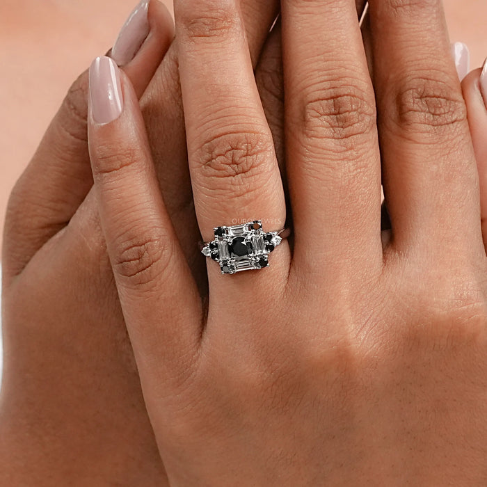 Black Round Diamond Halo Engagement Ring Rings