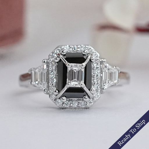 Black Emerald Diamond Three Stone Engagement Ring Rings