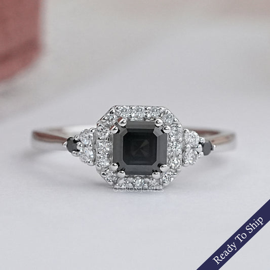 Black Asscher Diamond Halo Engagement Ring Rings