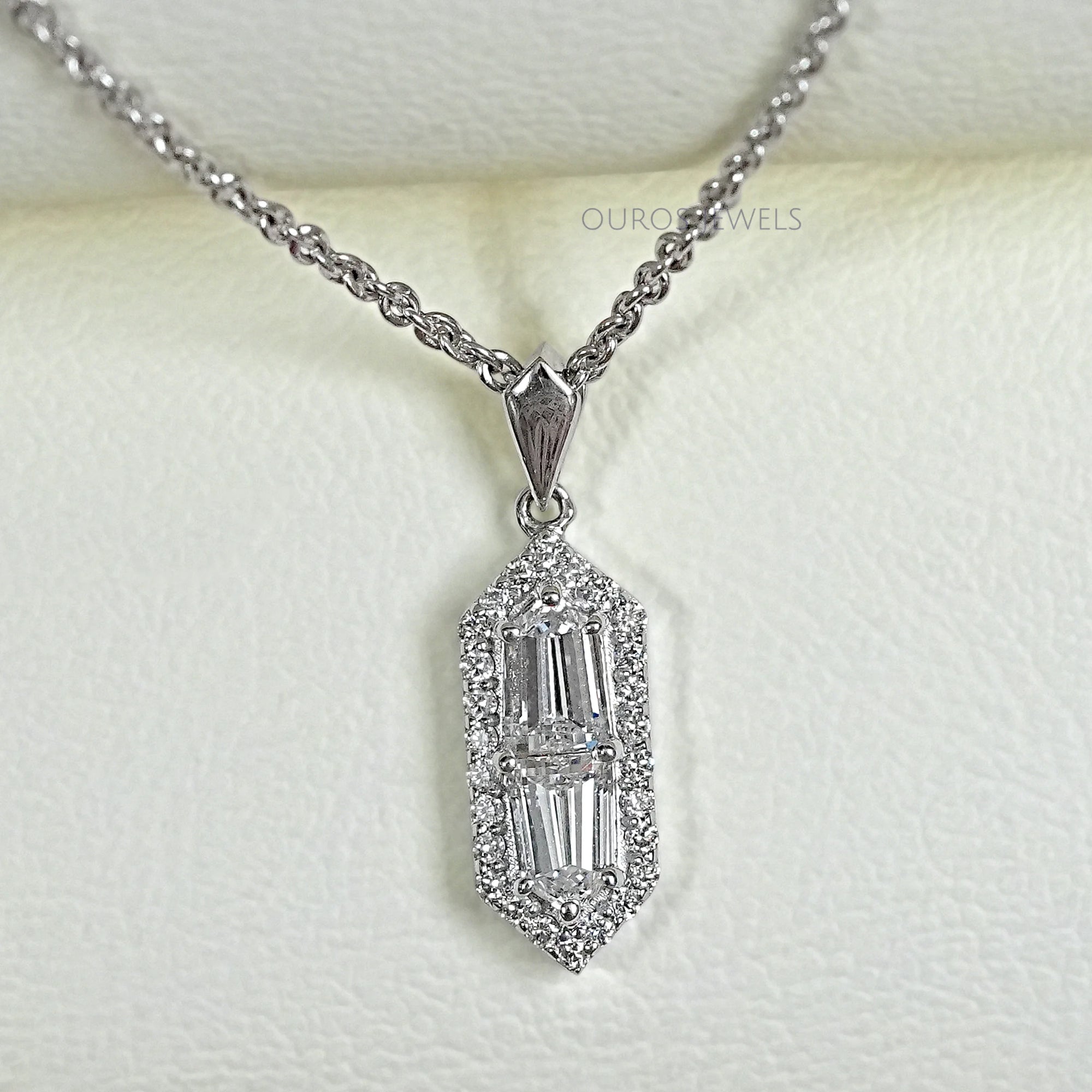 Step Cut Arrow Diamond Halo Pendant Necklaces