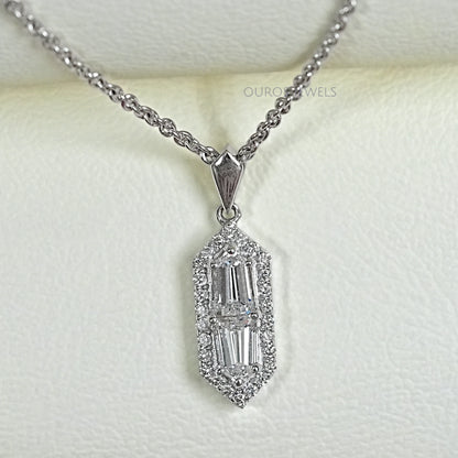 Step Cut Arrow Diamond Halo Pendant Necklaces
