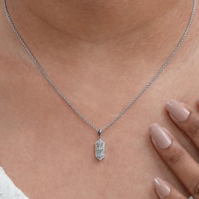 Step Cut Arrow Lab Diamond Halo Pendant Necklaces
