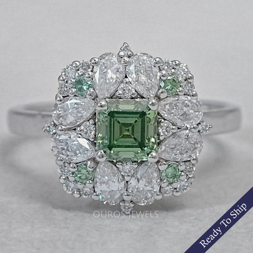 Green Asscher Lab Diamond Cluster Engagement Ring
