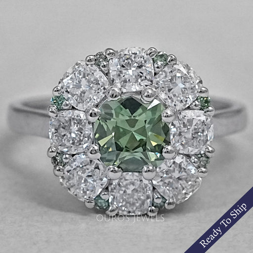 Green Cushion Diamond Halo Engagement Ring