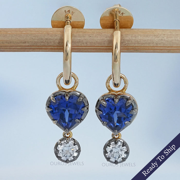 Sapphire Heart And Round Cut Black Coating Huggie Drop Earrings