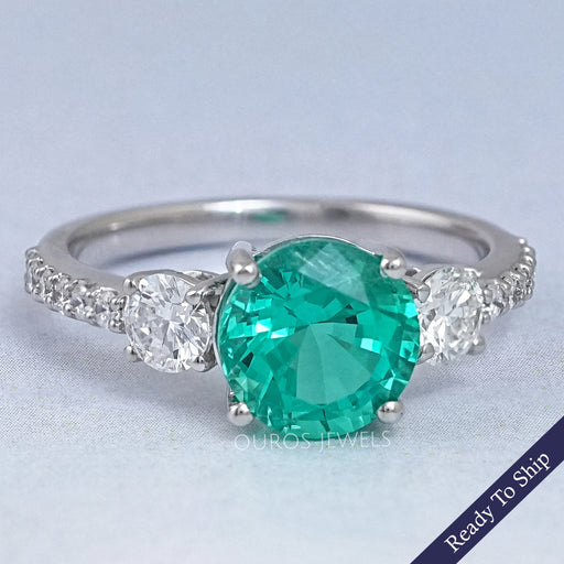 Green Round And Diamond Three Stone Accent Diamond Ring