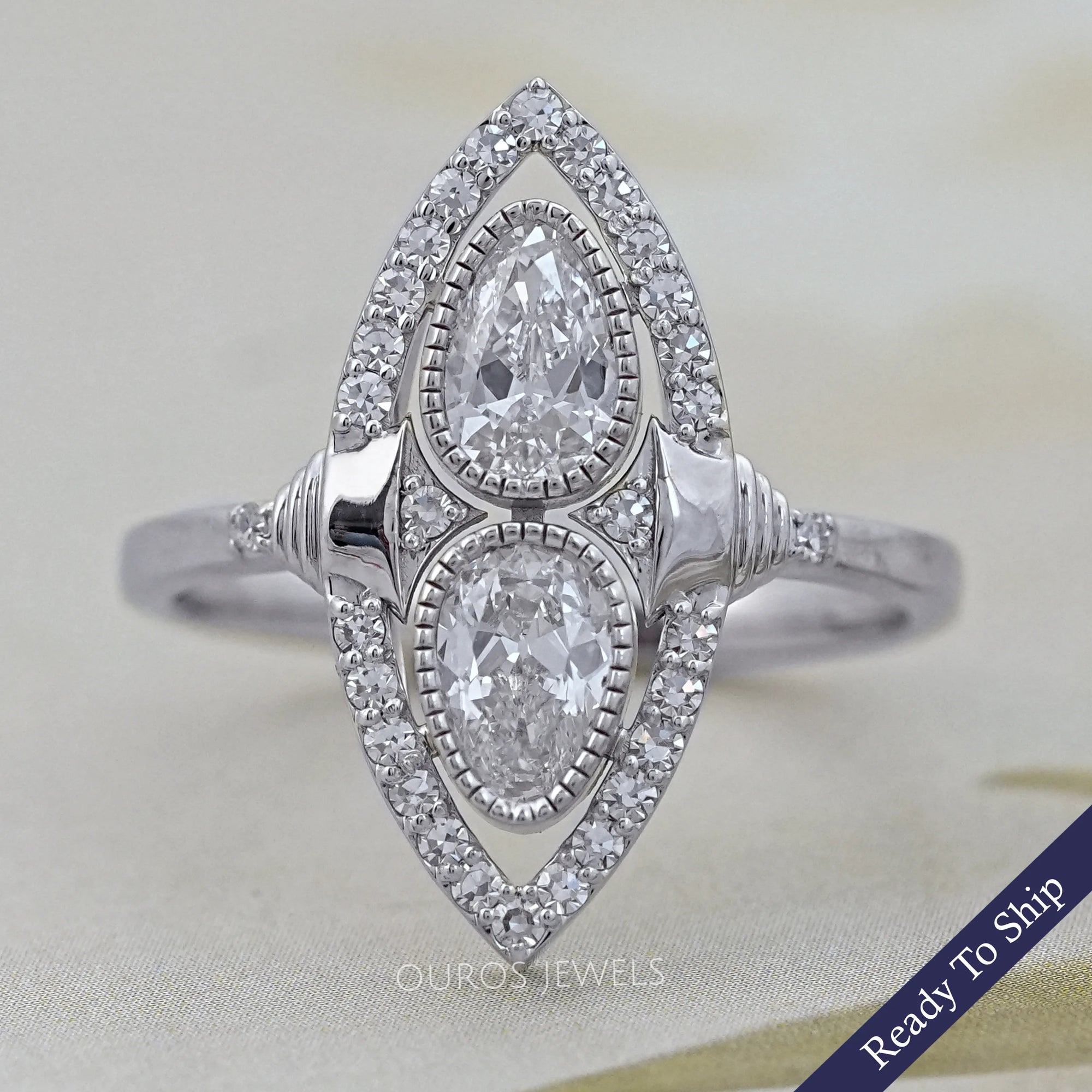 Old Mine Pear Lab Diamond Halo Navette Engagement Ring Ring