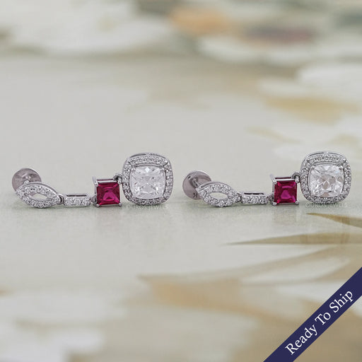 Ruby Princess Old Mine Cushion Cut Halo Dangle Earrings Earrings