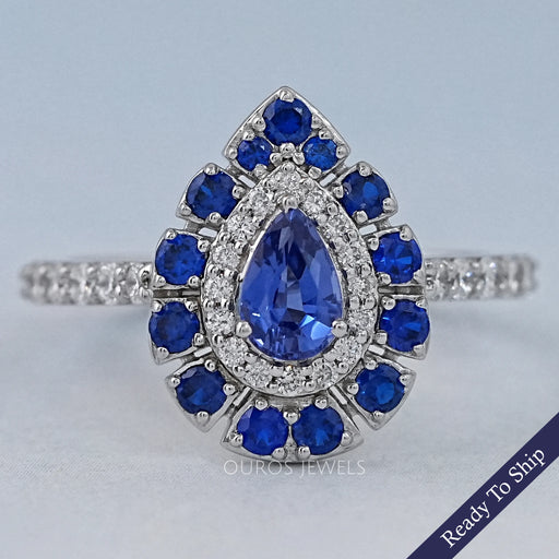 Blue Pear And Round Cut Double Halo Solitaire Accent Ring