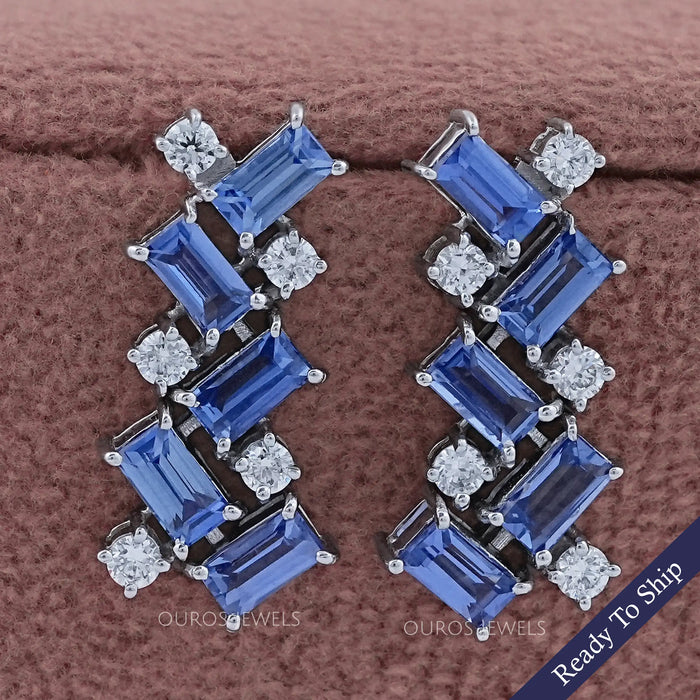 Sapphire Baguette And Round Diamond Drop Earrings