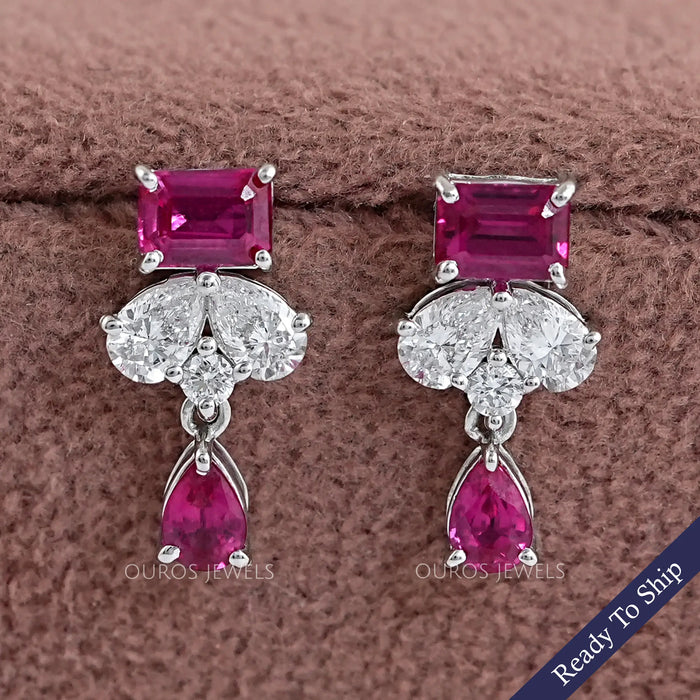 Pink Emerald Gemstone And Pear Diamond Drop Earrings