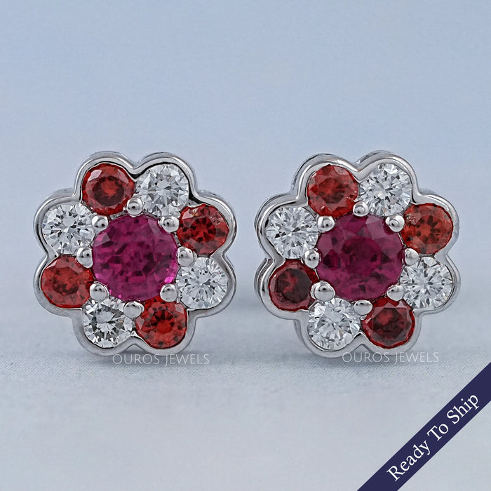 Ruby Round And Lab Diamond Bezel Set Floral Stud Earrings