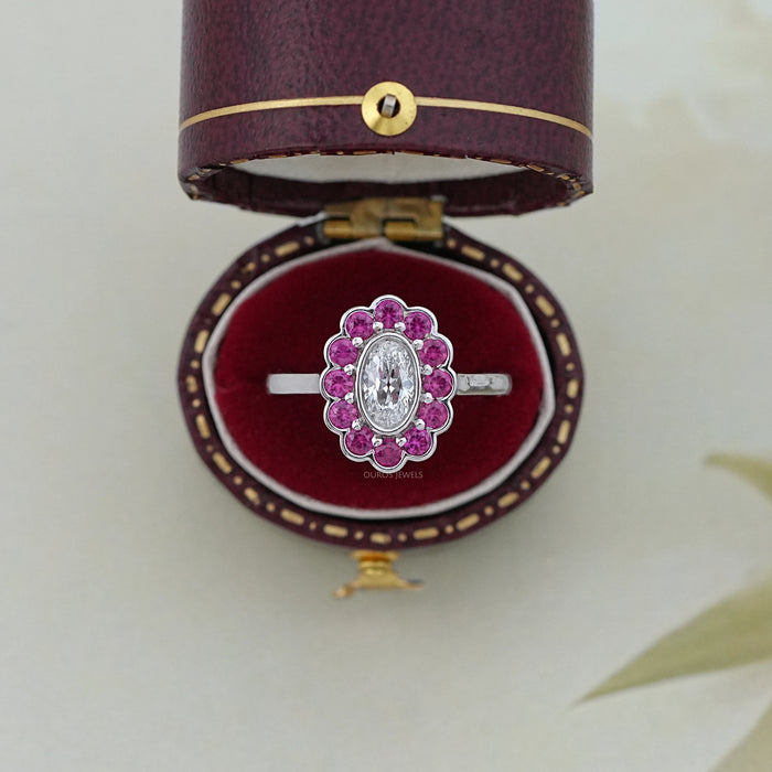 Old Mine Oval Cut Pink Halo Floral Engagement Ring Ring