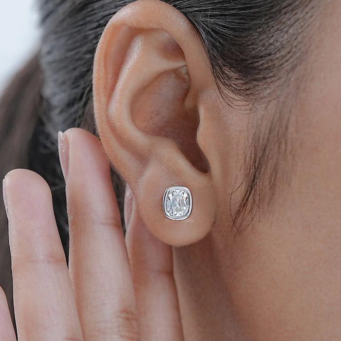 Old Mine Cushion Diamond Bezel Set Stud Earrings Earrings