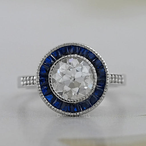 OEC Round Diamond Surround Sapphire Baguette Halo Ring Ring
