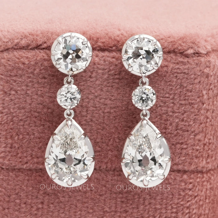 Old Mine Pear And OEC Round Cut Lab Diamond Dangle Earrings Earrings
