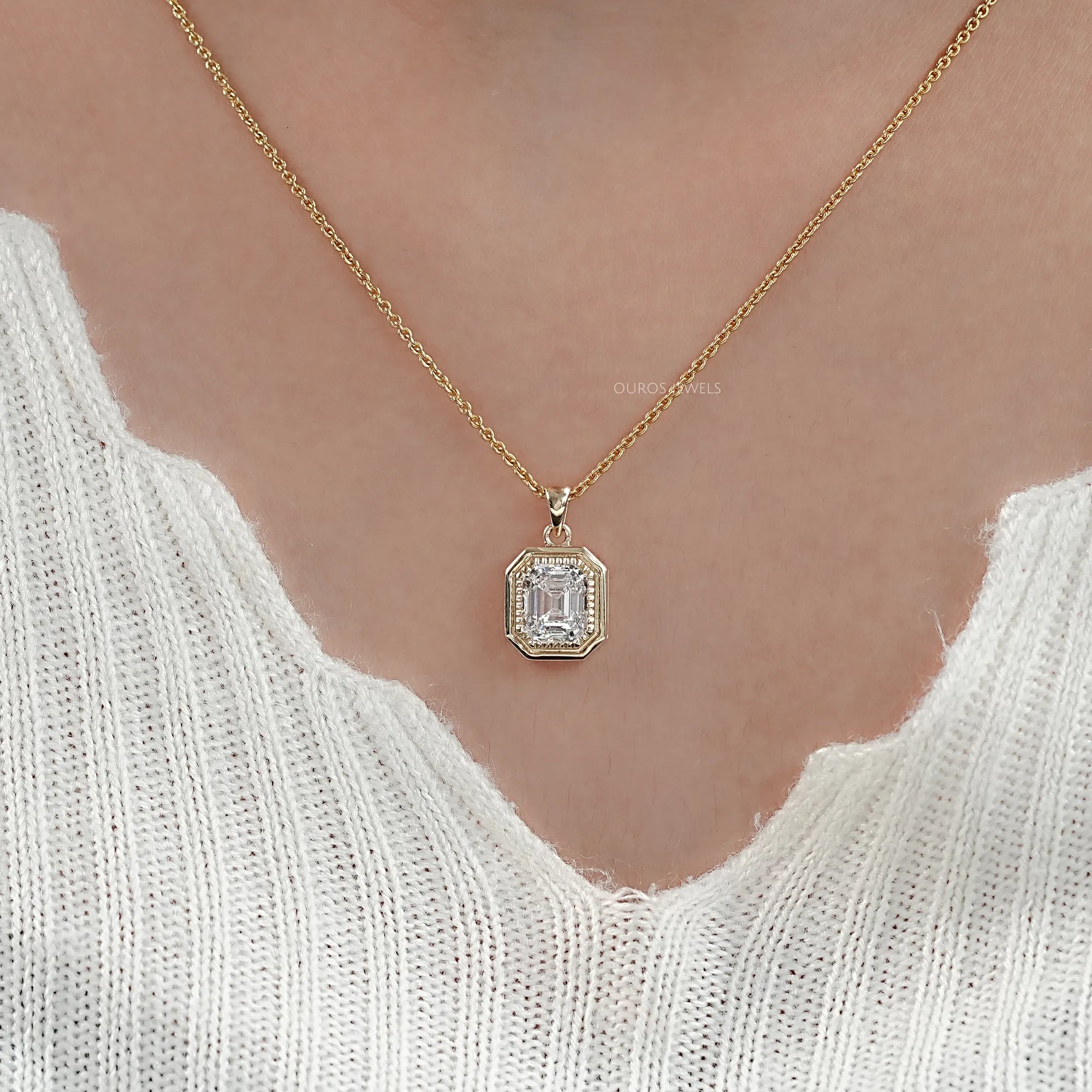 Old Mine Emerald Lab Diamond Milgrain Bezel Set Pendant Necklaces