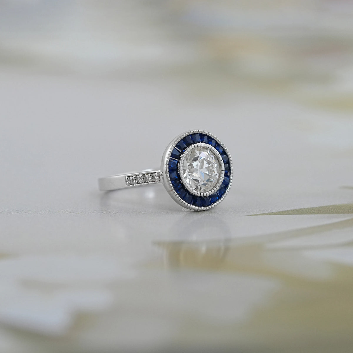 OEC Round Diamond Surround Sapphire Baguette Halo Ring Ring