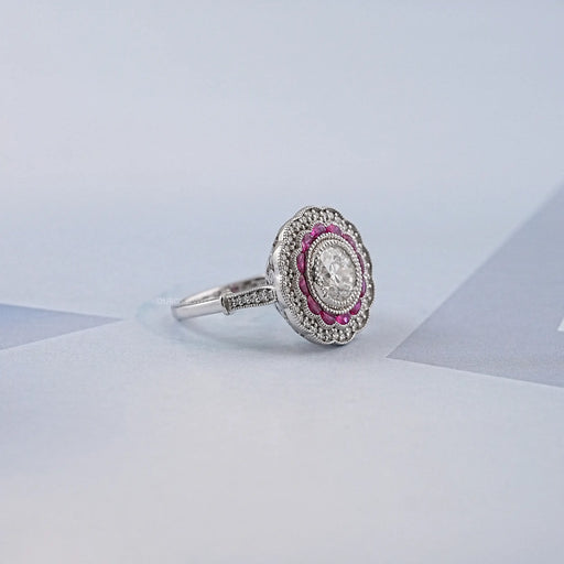 Old European Round Cut & Pink Halo Half Moon Gemstone Ring Rings