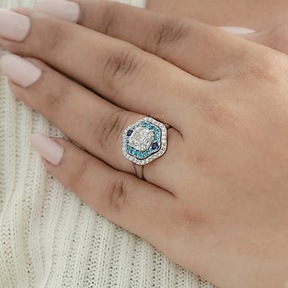 Old Mine Asscher Diamond And Gemstone Double Halo Ring Rings