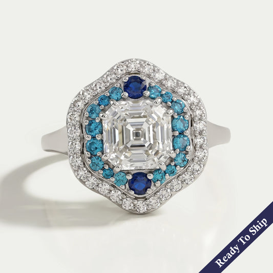 Old Mine Asscher Diamond And Gemstone Double Halo Ring Rings