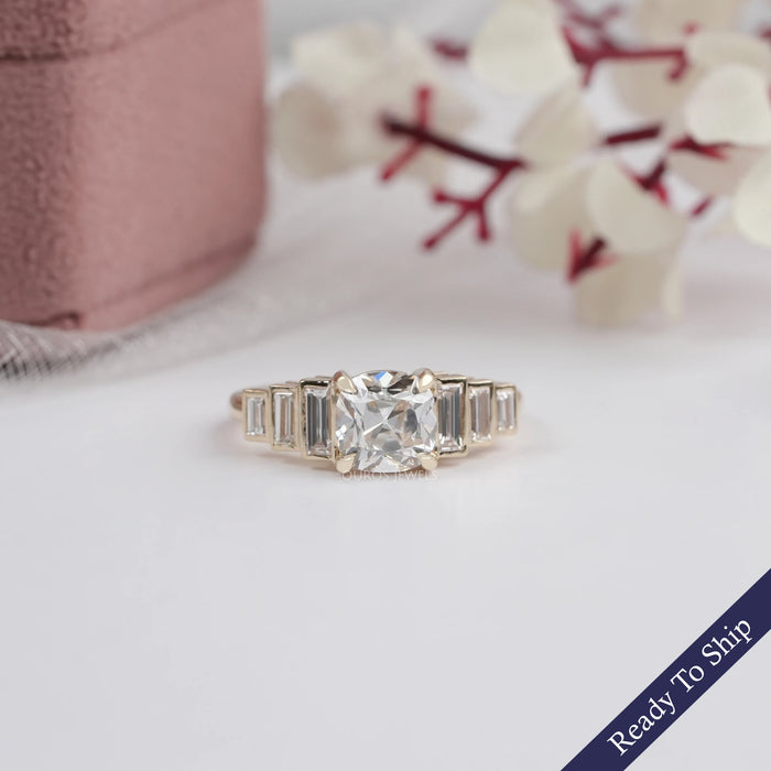 Old Mine Cushion Diamond And Accent Baguette Ring