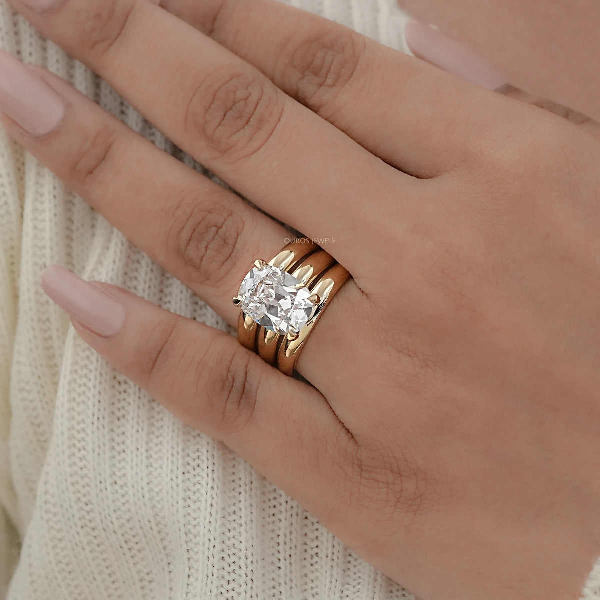 Old Mine Cushion Diamond Wide Wedding Band Ring