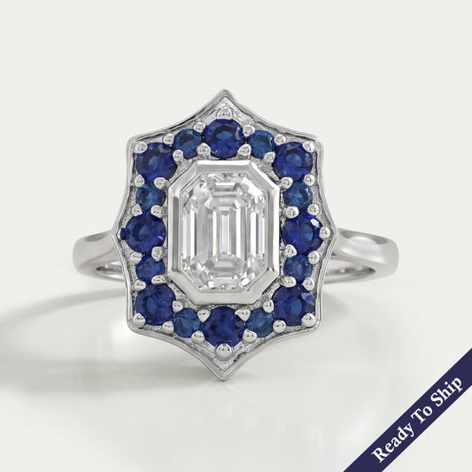 Bezel Set Old Mine Emerald Diamond Halo Gemstone Ring Rings