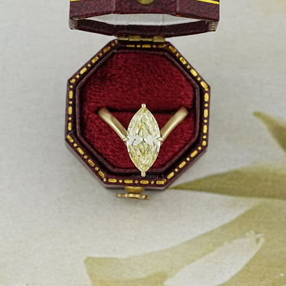 Yellow Old Mine Marquise Diamond V Shape Solitaire Ring Rings