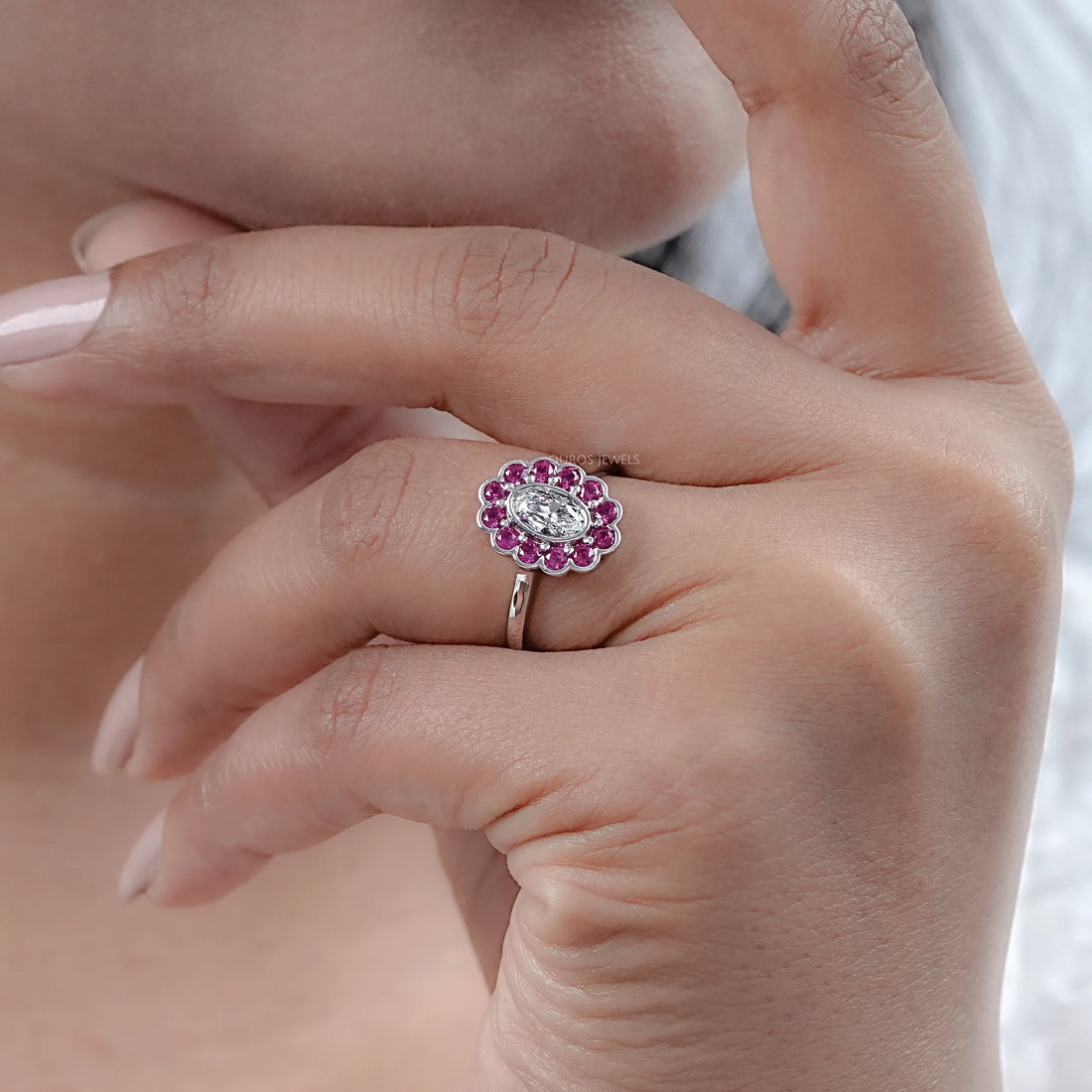 Old Mine Oval Cut Pink Halo Floral Engagement Ring Ring