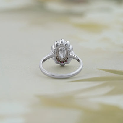 Old Mine Oval Cut Pink Halo Floral Engagement Ring Ring