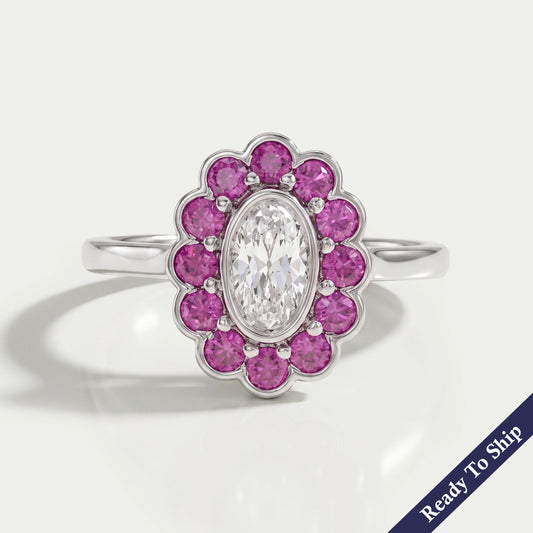 Old Mine Oval Cut Pink Halo Floral Engagement Ring Ring