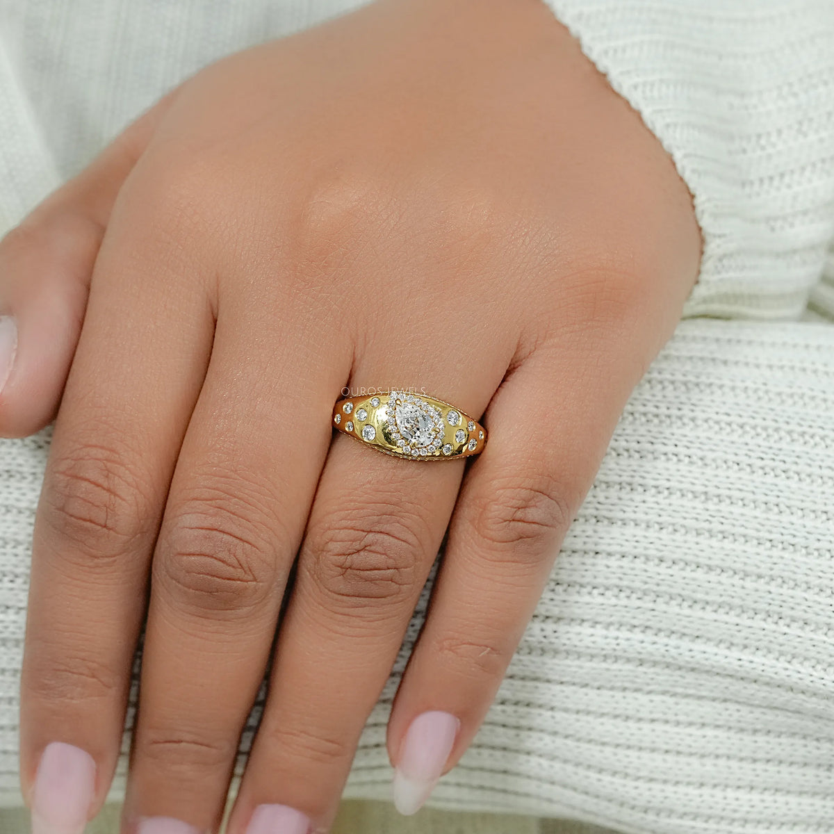 Old Mine Pear Diamond Halo Wide Flush Set Ring