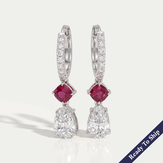 Old Mine Pear Diamond And Ruby Cushion Drop Hoop Earrings Earrings