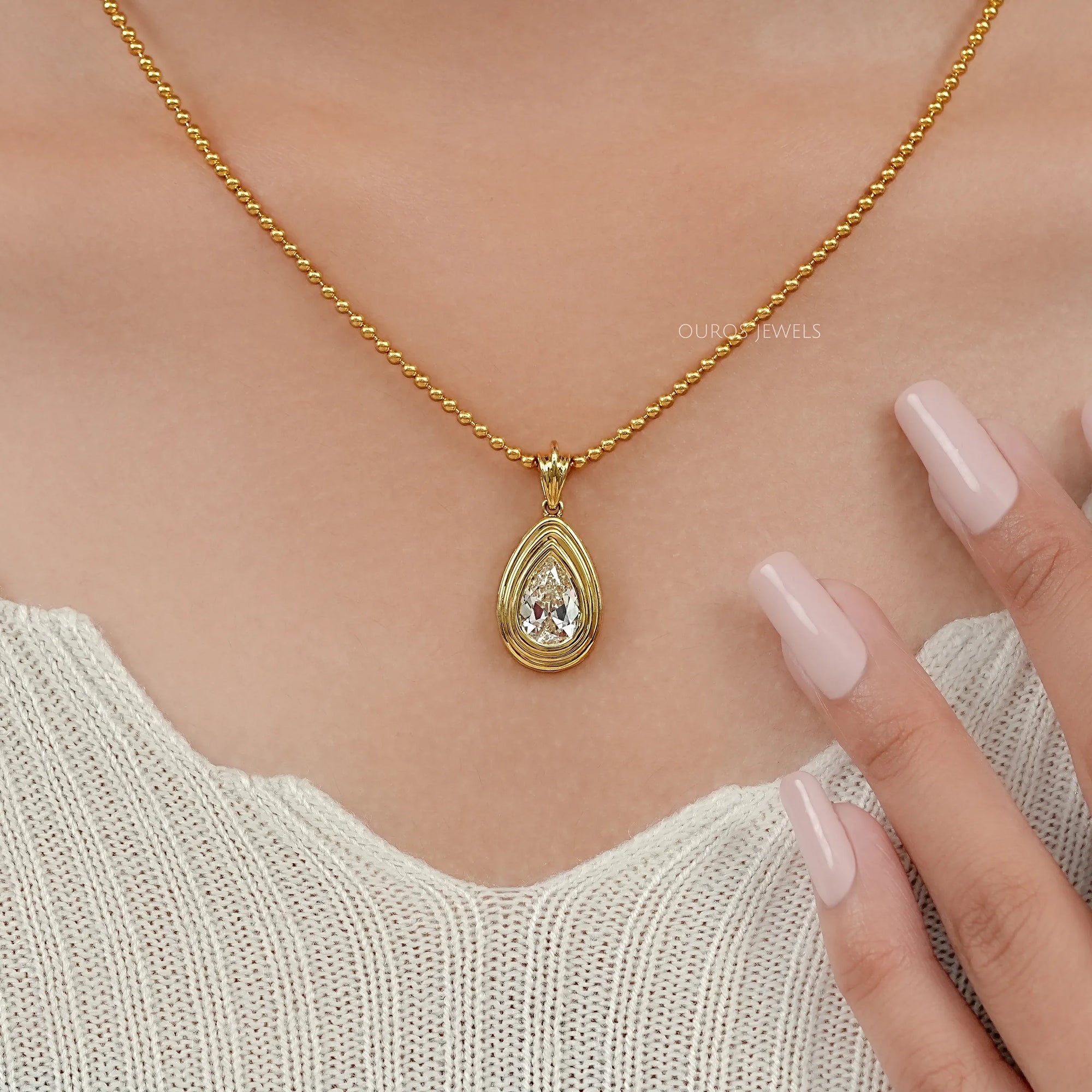 Old Mine Pear Lab Diamond Bezel Set Pendant Necklaces