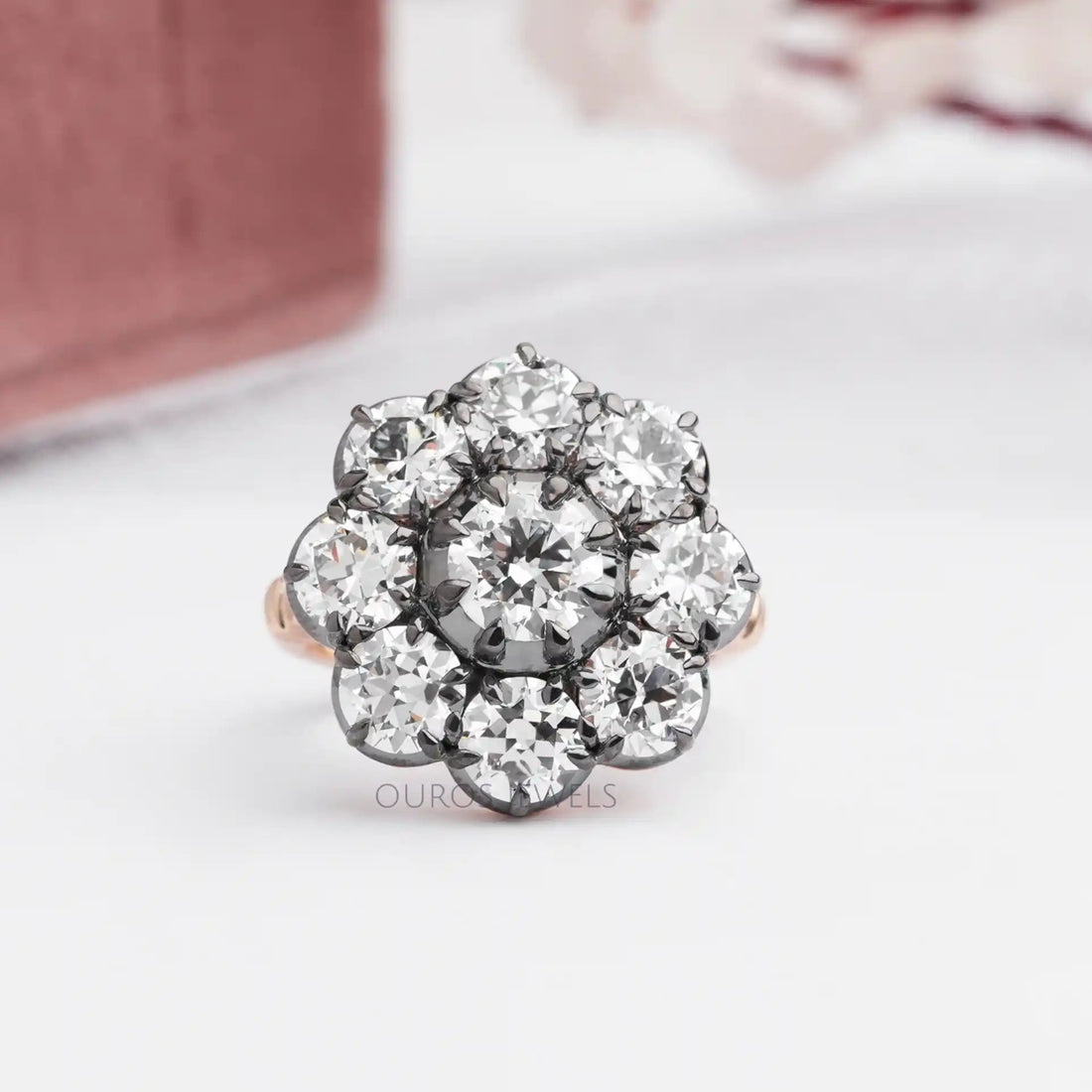 Old European Round Cut Black Coating Flower Engagement Ring Ring
