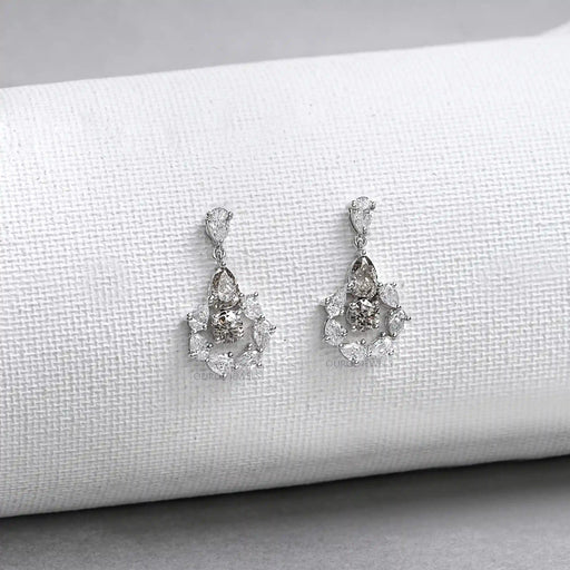 Olive Pear And Round Lab Diamonds Halo Drop Earrings