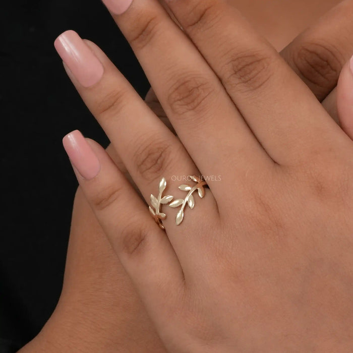 Olive Yellow Gold Leaf Bypass Ring Rings