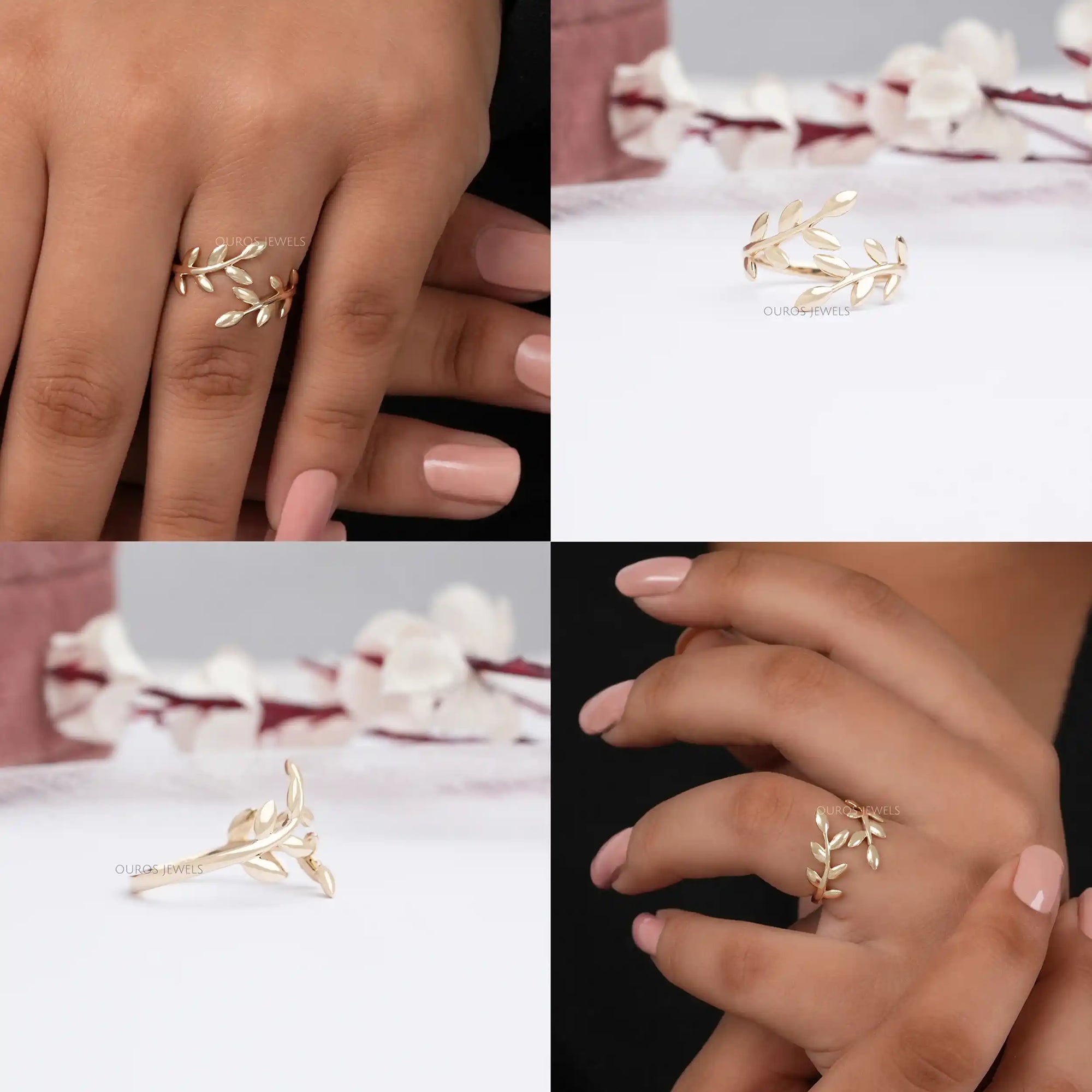 Olive Yellow Gold Leaf Bypass Ring Rings