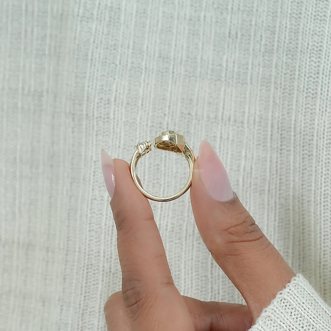 Champagne Step Cut Oval Diamond Halo Open Ring Ring