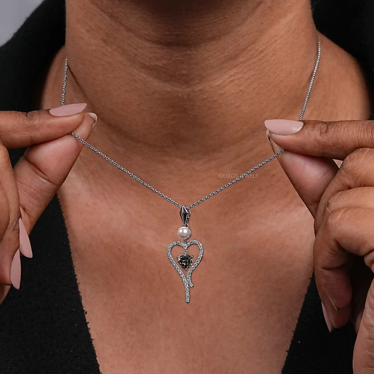 Pearl And Olive Heart Diamond Pendant Necklaces