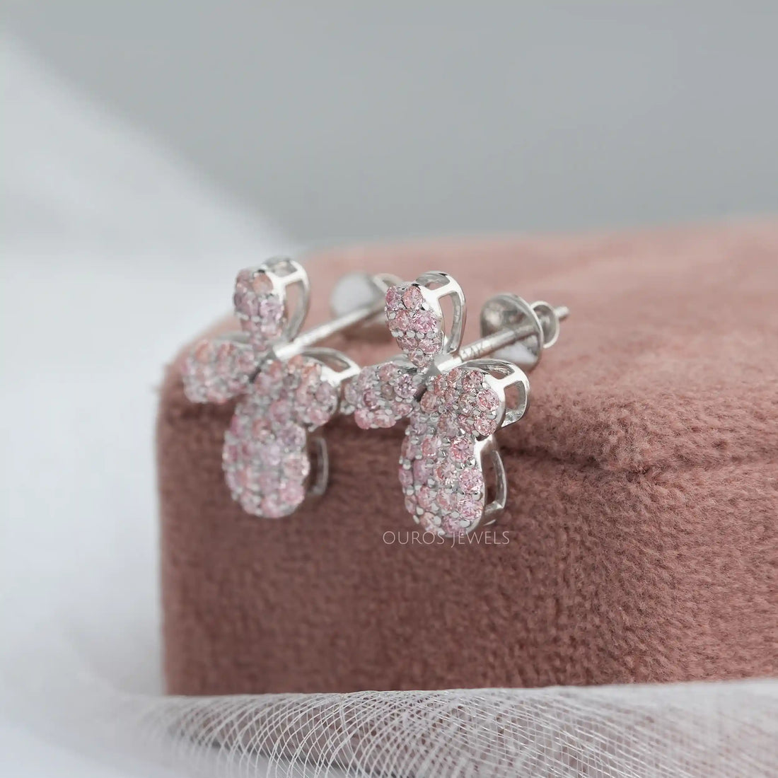 Floral Shape Pink Round Cut Push Back Stud Earrings