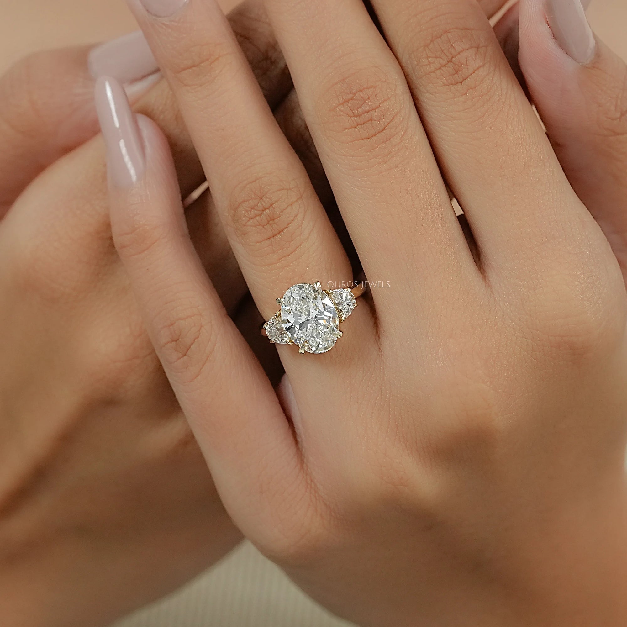 Oval And Half Moon Lab Diamond Three Stone Ring