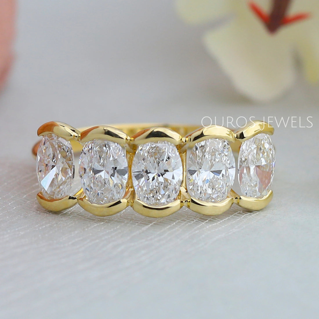 Yellow Gold Oval Half Bezel Set Diamond Ring