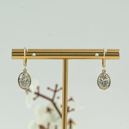 Oval Diamond Bezel Set Drop Hoop Earrings