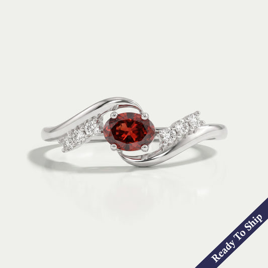 Red Oval Diamond Bypass Dainty Ring
