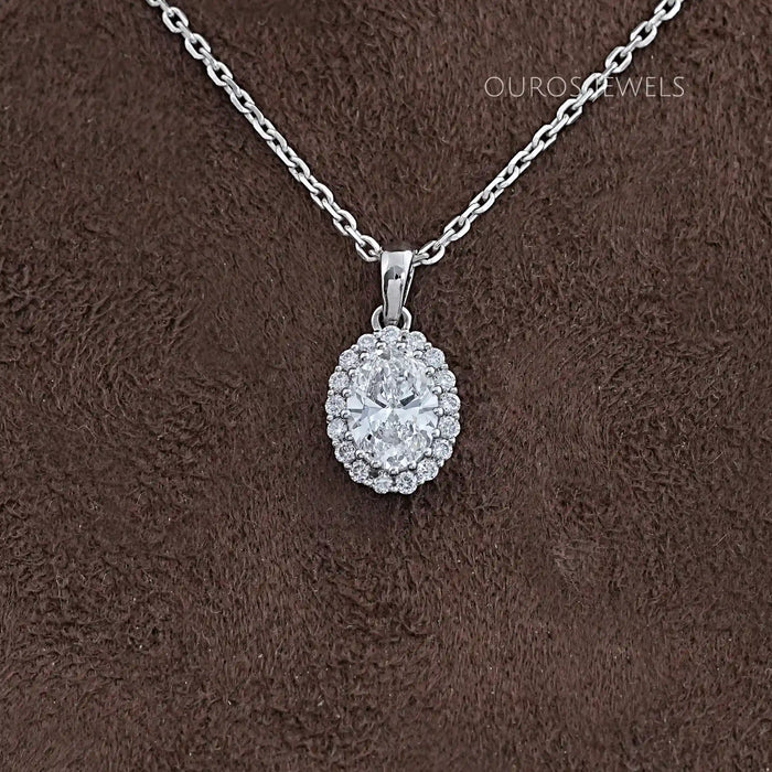 Oval and Round Lab Grown Diamond Halo Pendant Necklaces