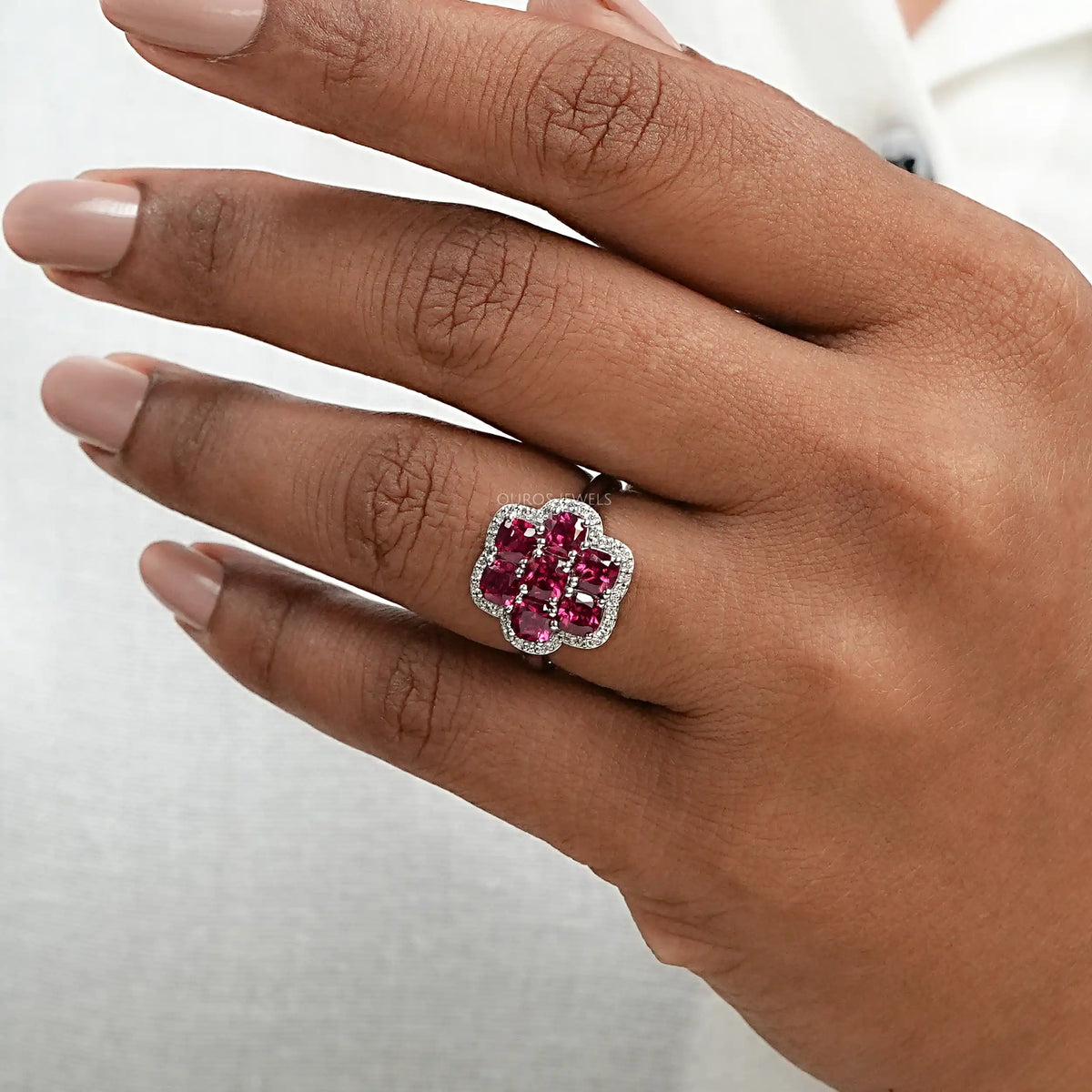 Ruby Cushion Gemstone Floral Halo Ring