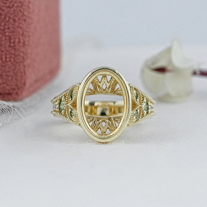 Oval Shape Accent Diamond Milgrain Set Semi-Mount Ring Ring