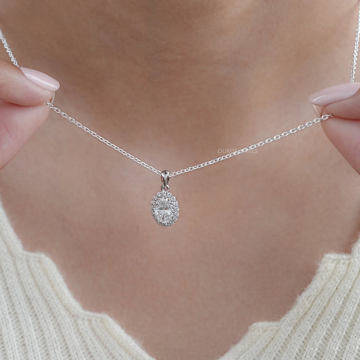 Oval and Round Lab Grown Diamond Halo Pendant Necklaces